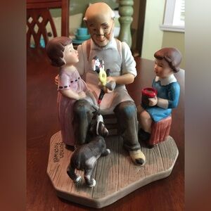 Norman Rockwell Grandfather Figurine with Children and Dog - Cream, Blue, Brown